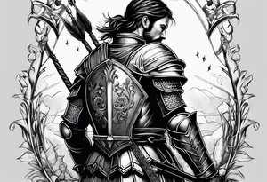 Side profile of a wounded knight on his knees with five arrows in his back tattoo idea