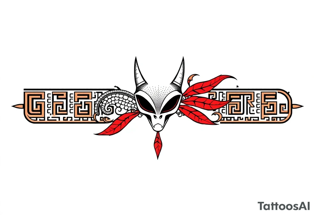 "Tattoo stencil, ultra-thin horizontal band (ratio 10:1), black and red line art. Fusion of:  
- Greek meander pattern,  
- Neo-tribal sharp angles,  
- Chinese dragon scales (black) and phoenix feathers (red),  
- Alien head (stylized as ancient Greek artifact with tribal dots and sharp angles).  

Hidden details: small Bagua trigrams in corners. Alien head integrated into the meander as a hidden symbol (subtle, not dominant). Seamless repeating pattern, NO background, perfect for forearm wrap-around.  

Style: intricate line art, inspired by ancient Greek pottery, dotwork tattoos, and neo-tribal geometry. All elements must harmonize — alien looks like part of the cultural fusion." tattoo idea