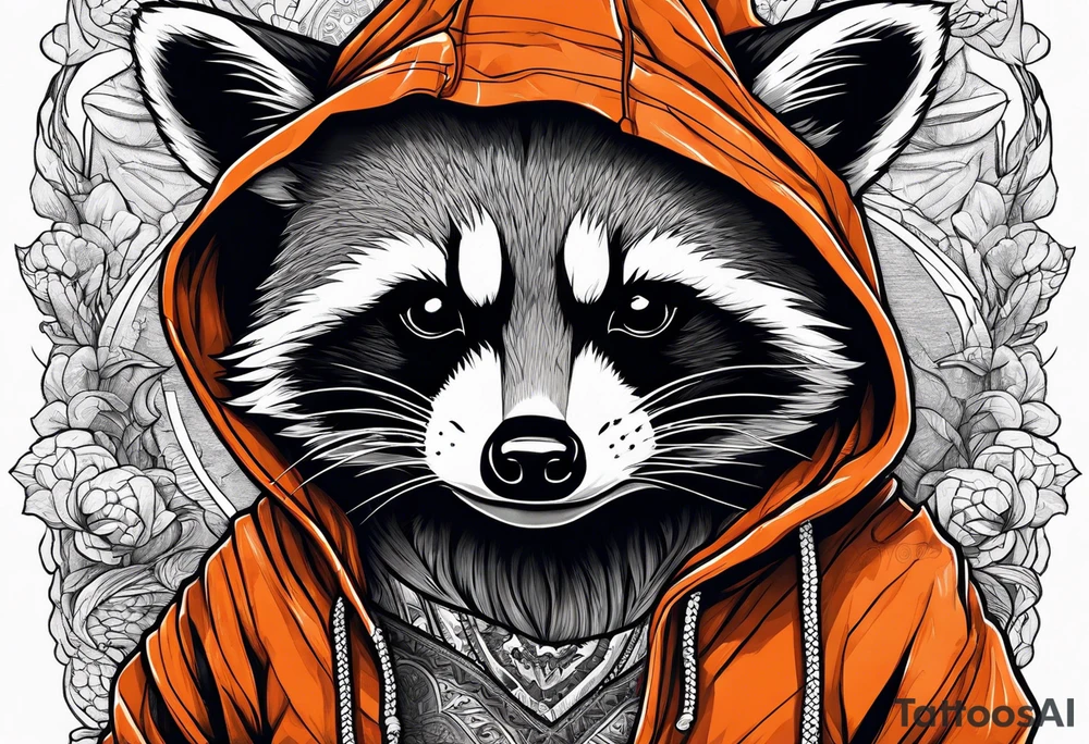 Raccoon wearing an orange Superman hoodie tattoo idea