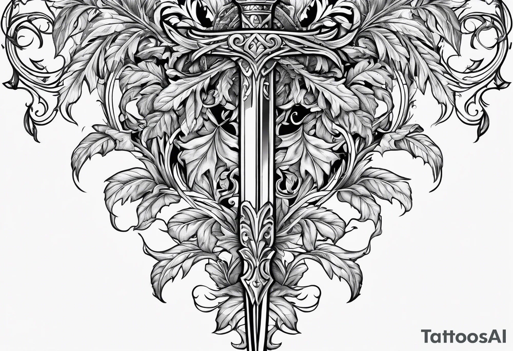 Leafy vines with sword tattoo idea