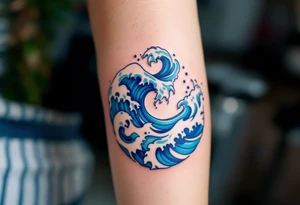 A stylized spiral composed of blue waves and white foam, capturing the movement of the ocean. tattoo idea
