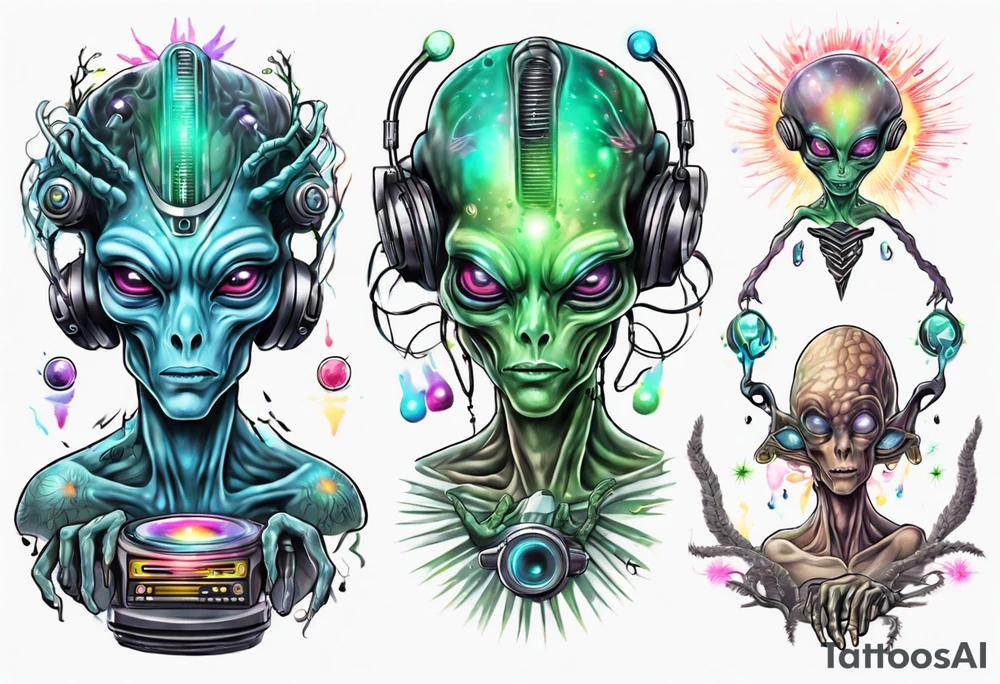 An alien DJ with a glowing pineal gland and energy flowing tattoo idea