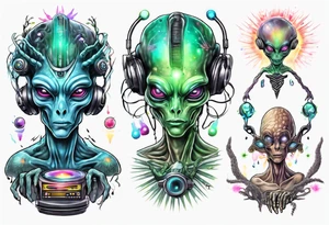 An alien DJ with a glowing pineal gland and energy flowing tattoo idea