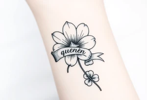 A beautiful flower with a card queen sign and a ribbon tied around the flower with queenie written on it joined by a texas star and a four leaf clover tattoo idea