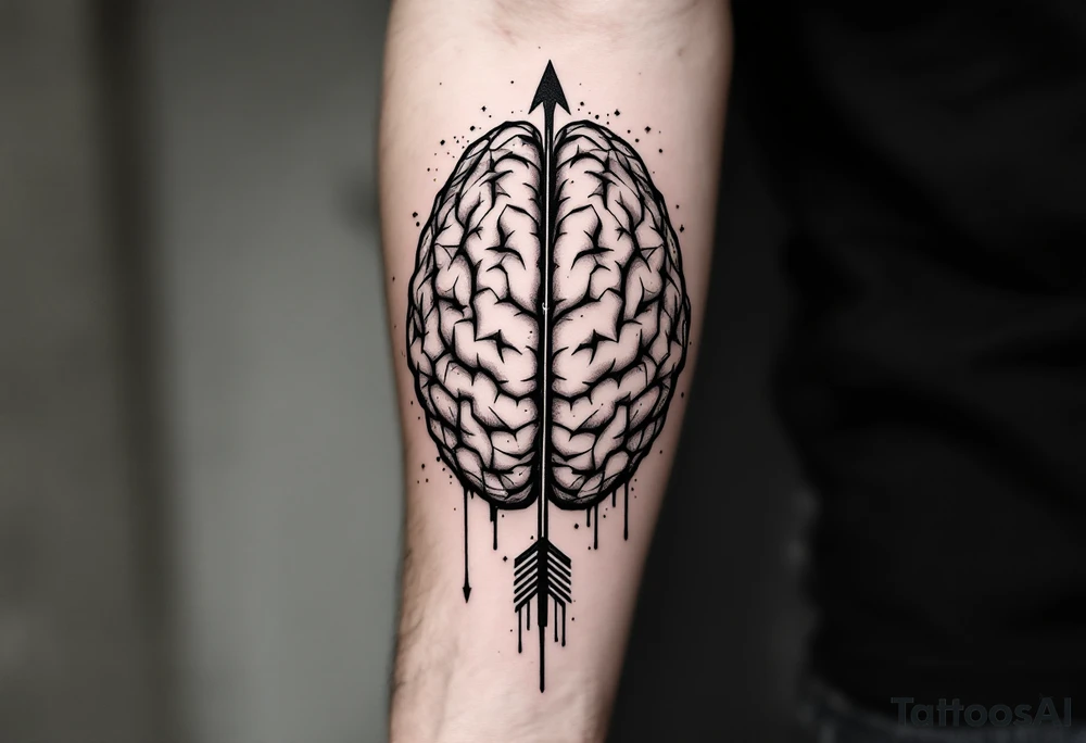 A geometric, vertical, front-seen brain. A detailed arrow crosses from below and exit from the top, with its tip desintegrating to represent entropy and watercolor stains spilled from the arrow. No stars or details around. tattoo idea