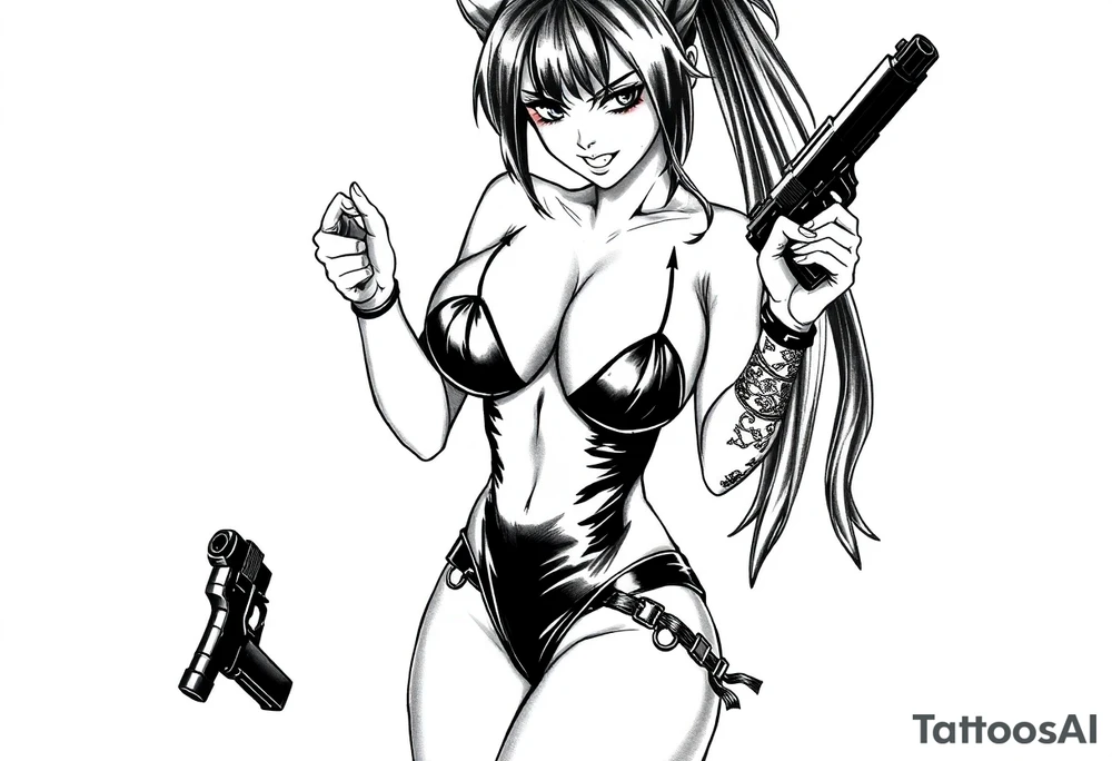 succubus, slut, anime, holding gun, black, leather bikini, angry tattoo idea