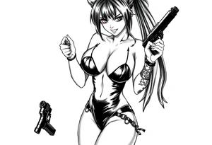 succubus, slut, anime, holding gun, black, leather bikini, angry tattoo idea