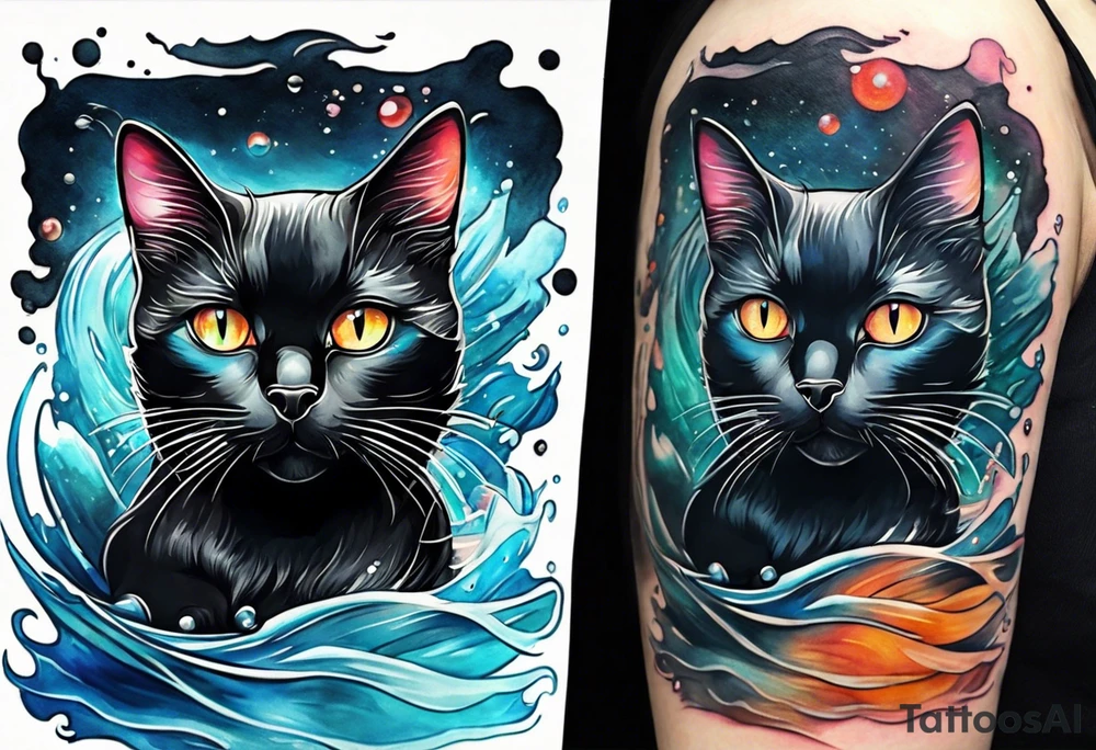 Black cat swimming in a pool tattoo idea