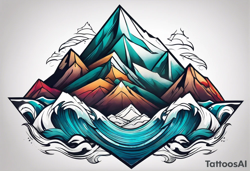 Mountains and big ocean waves  crashing diamond shape half and half tattoo idea