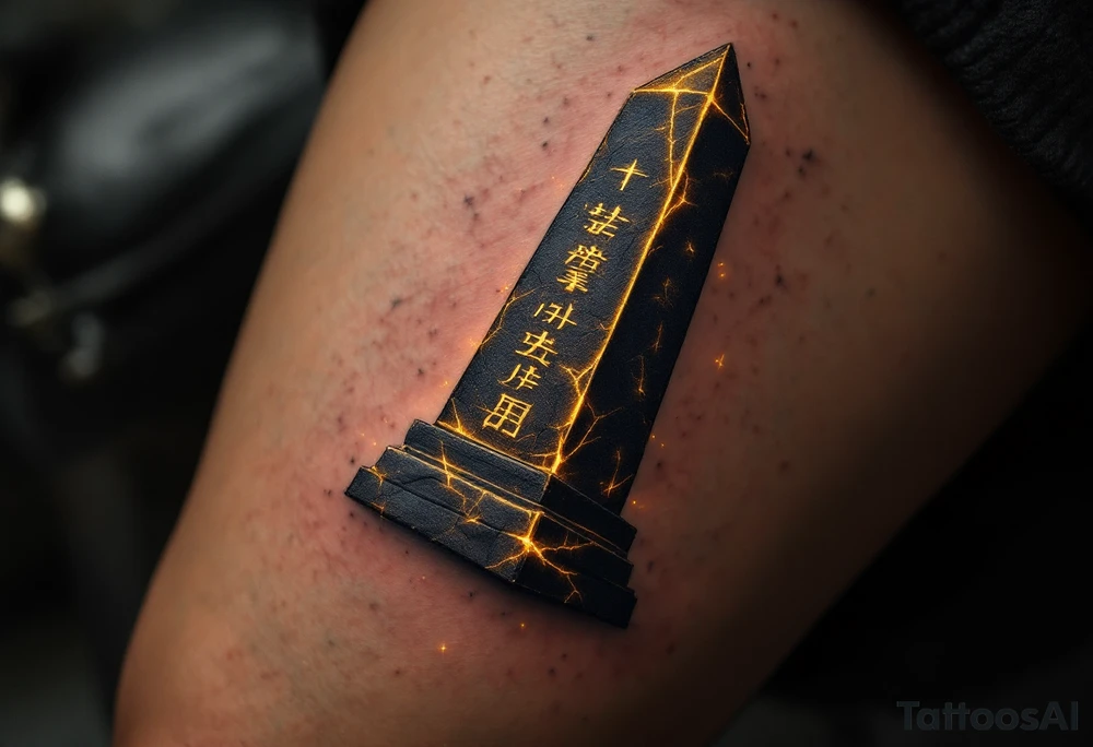 A cracked stone obelisk etched with golden hieroglyphs glowing faintly. tattoo idea