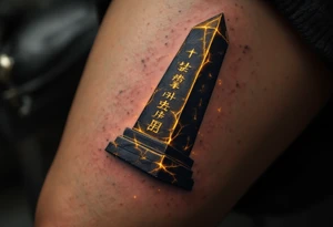 A cracked stone obelisk etched with golden hieroglyphs glowing faintly. tattoo idea