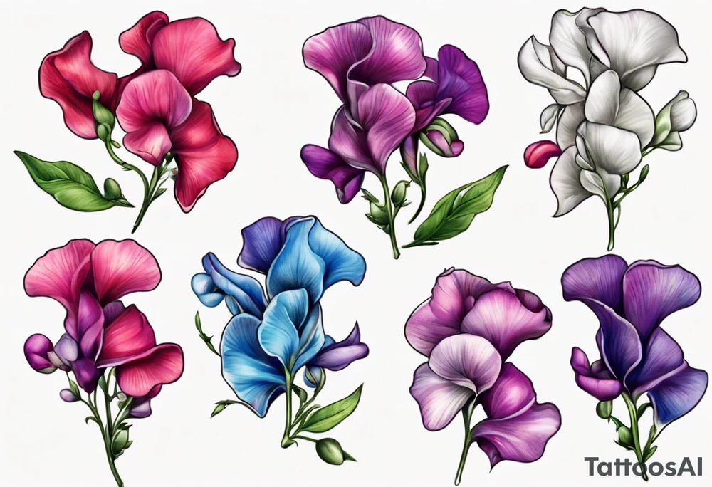 sweet pea flowers, multi color tattoo idea