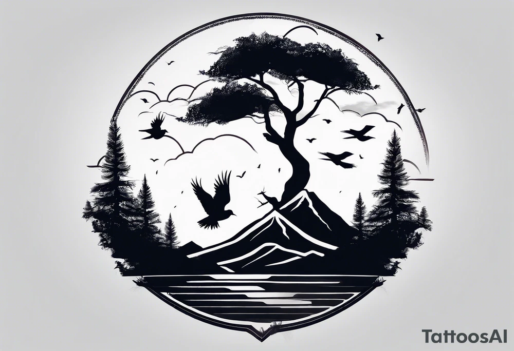 A mountain scape with trees and 5 silhouettes of birds. 2 bigger birds, 3 smaller birds tattoo idea