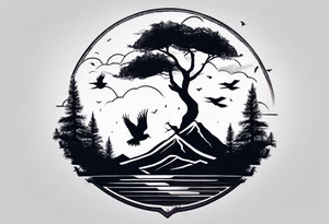 A mountain scape with trees and 5 silhouettes of birds. 2 bigger birds, 3 smaller birds tattoo idea