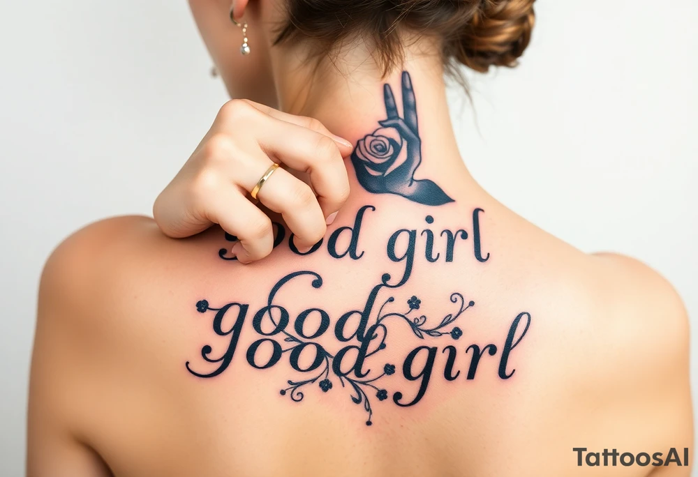 Obedient woman with a man’s hand squeezing her face and thumb in her mouth. Text saying “good girl” in traditional style over top tattoo idea