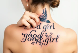 Obedient woman with a man’s hand squeezing her face and thumb in her mouth. Text saying “good girl” in traditional style over top tattoo idea