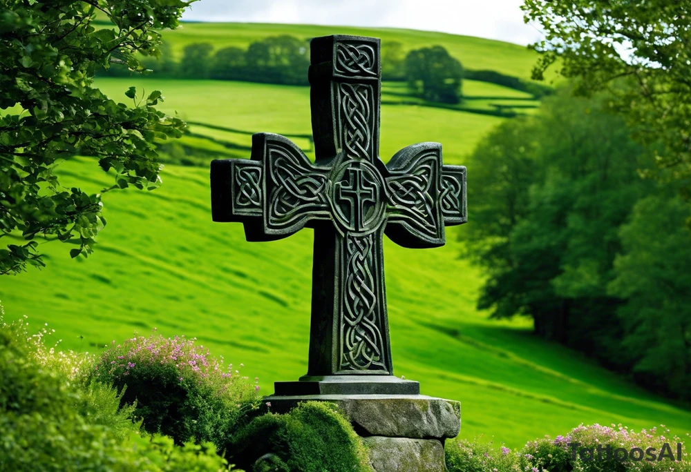 A large, weathered stone Celtic cross standing proudly atop a lush green hill, its four arms stretching skyward. The cross is intricately carved with intertwining knots and spirals, reflecting the artistry of the ancient Celts. A large raven sits perched at the intersection of the cross's arms, its ebony feathers gleaming in the soft light. The bird's eyes seem to hold a wisdom beyond its years, as if it has been witness to countless generations come and gone. tattoo idea