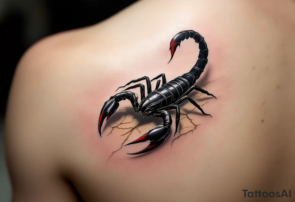 A fierce black scorpion with glossy obsidian armor, tipped with deep crimson on its pincers and venomous stinger, poised in a striking position atop cracked desert sand in shades of golden brown and burnt orange. tattoo idea