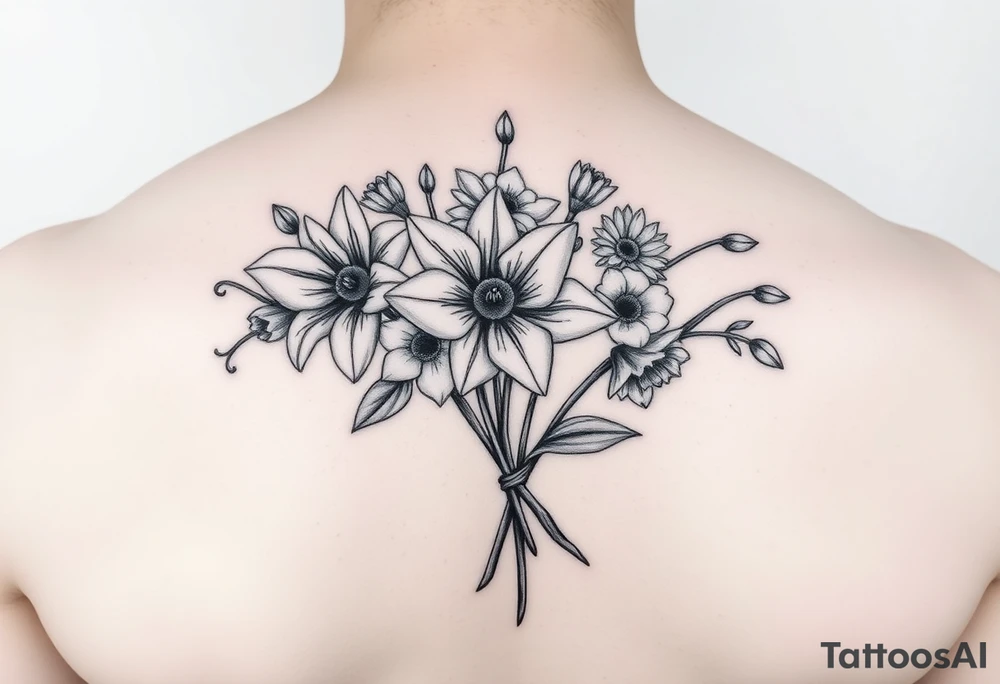 bouquet of daffodils, daisies, lily of the valley tattoo idea