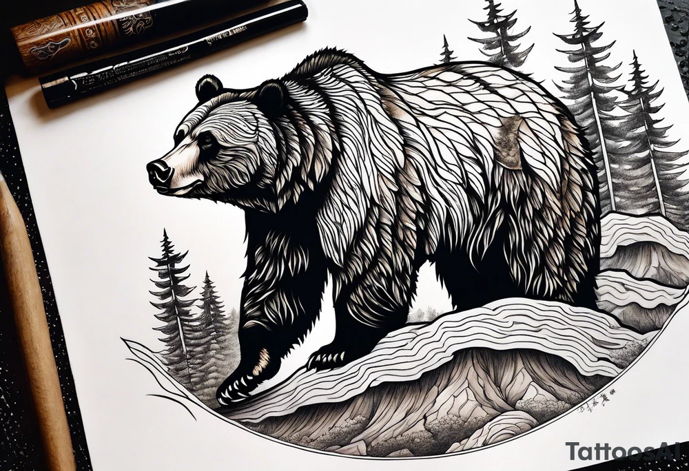 grizzly bear mountain forest tattoo idea