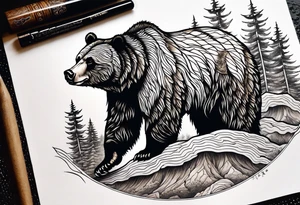 grizzly bear mountain forest tattoo idea