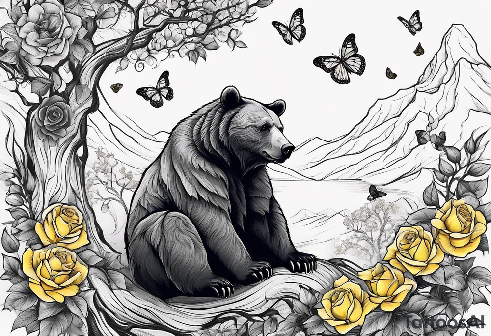 A bear sitting under the tree of life with three yellow roses, and three butterflies tattoo idea