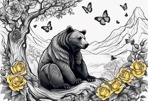 A bear sitting under the tree of life with three yellow roses, and three butterflies tattoo idea