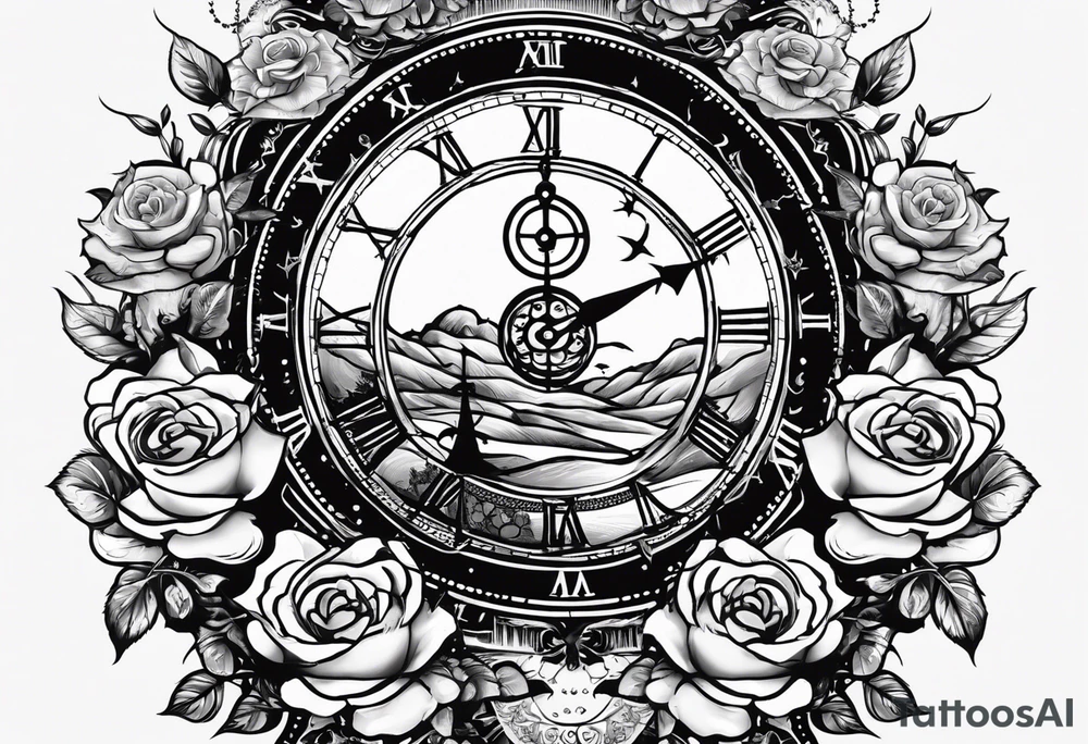 I want a design for printing on t-shirts, the design is an hourglass with a hand clock in the middle with Amazigh numbers, and these two main elements are mixed with thorny roses and planets tattoo idea