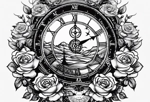 I want a design for printing on t-shirts, the design is an hourglass with a hand clock in the middle with Amazigh numbers, and these two main elements are mixed with thorny roses and planets tattoo idea