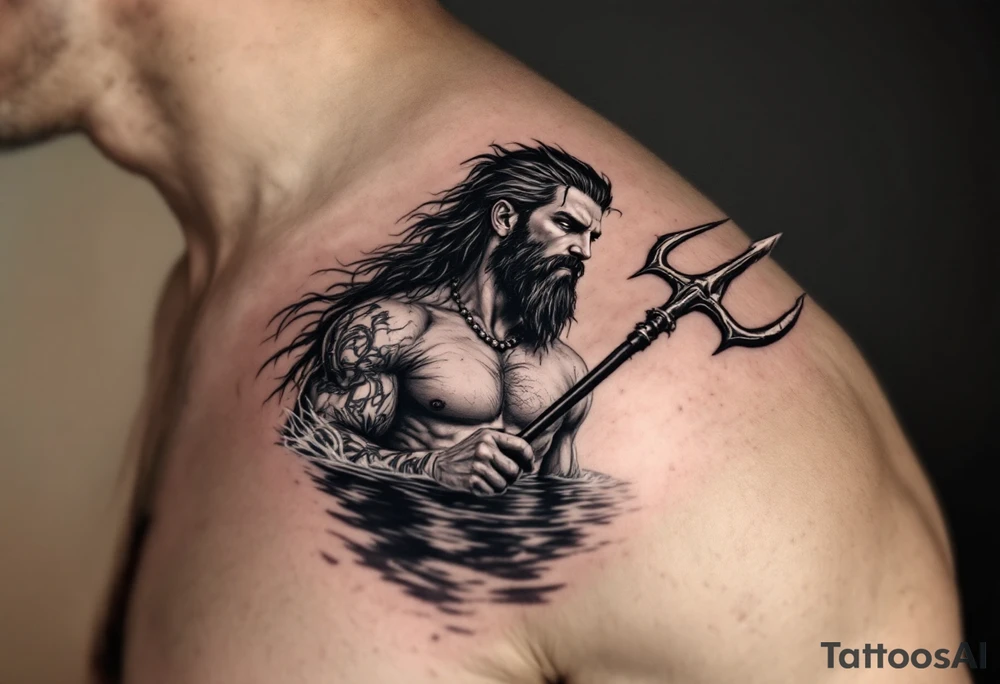 fit poseidon, with a trident, in calm water, holding a beer tattoo idea