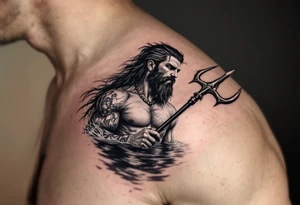 fit poseidon, with a trident, in calm water, holding a beer tattoo idea