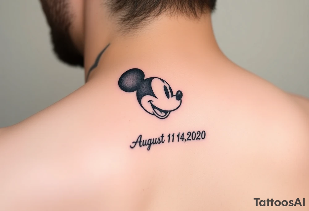 mickey mouse symbol with the name Galileo and the date August 14,2020, incorporated tattoo idea