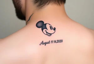 mickey mouse symbol with the name Galileo and the date August 14,2020, incorporated tattoo idea