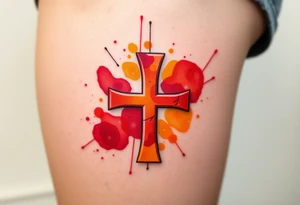 A watercolor-style Maltese cross in splashes of deep red, orange, and yellow, creating a vibrant artistic effect. tattoo idea