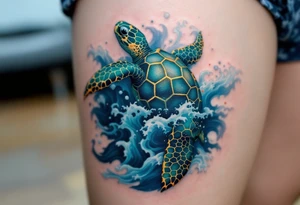 A detailed sea turtle tattoo with a jade-green and deep teal shell patterned with golden hexagons, swimming through swirling blue ocean waves with soft white highlights and tiny coral-red accents. tattoo idea