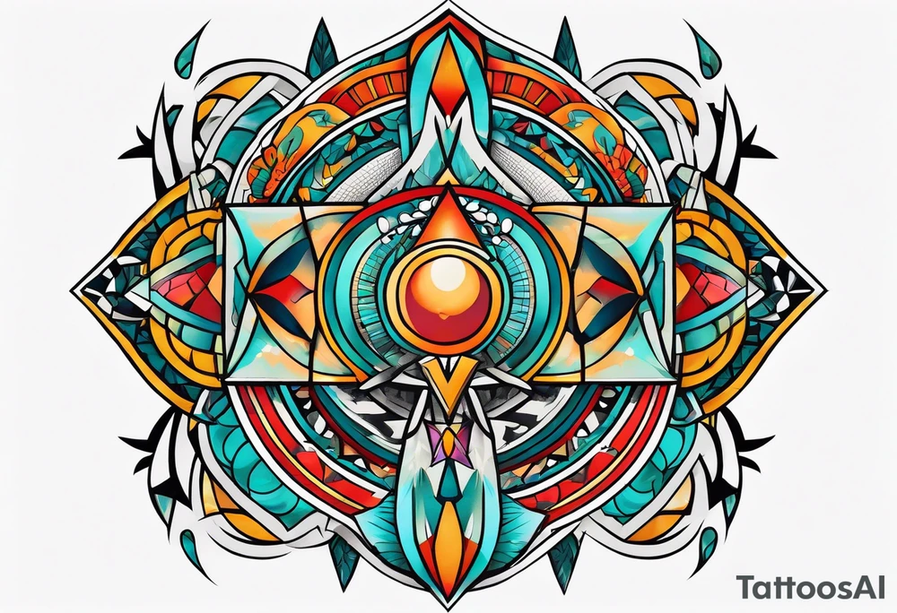 Bold geometric tapestry trident in colour on arm tattoo idea