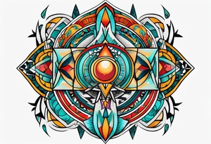 Bold geometric tapestry trident in colour on arm tattoo idea