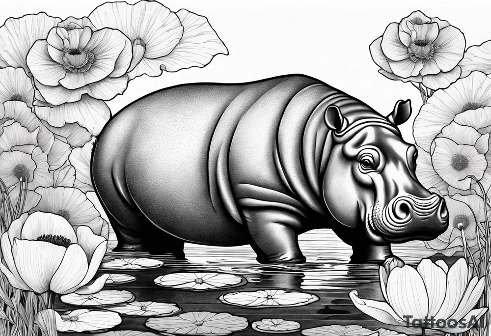Hippopotamus, poppies, water lilies, tattoo idea
