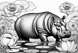 Hippopotamus, poppies, water lilies, tattoo idea