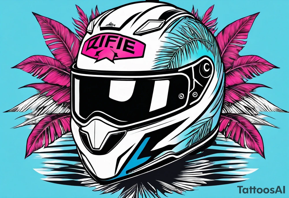 Formula 1 helment with a palm tree and black pink and light blue color tattoo idea