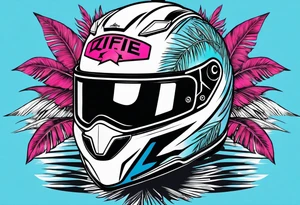 Formula 1 helment with a palm tree and black pink and light blue color tattoo idea