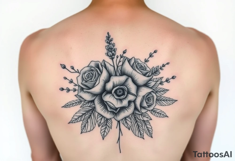 vintage bouquet of wild roses and meadow flowers with morning dew tattoo idea