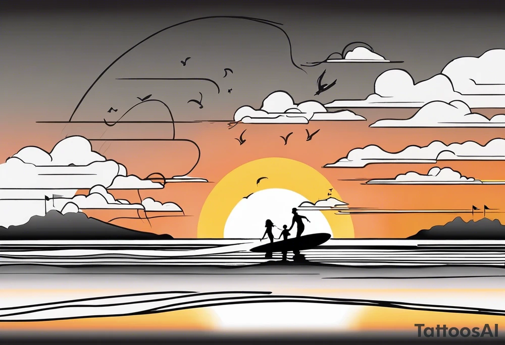 Black and white Line work tattoo depicting a father surfing with his two daughters.  The sunset and horizon have musical notes. tattoo idea