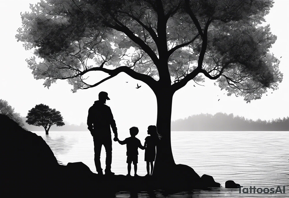 Silhouette of father standing in between daughter and younger son in front of water with tree and shading background tattoo idea