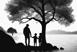 Silhouette of father standing in between daughter and younger son in front of water with tree and shading background tattoo idea