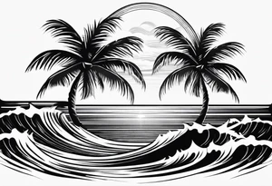 palm tree front of a sun and waves tattoo idea