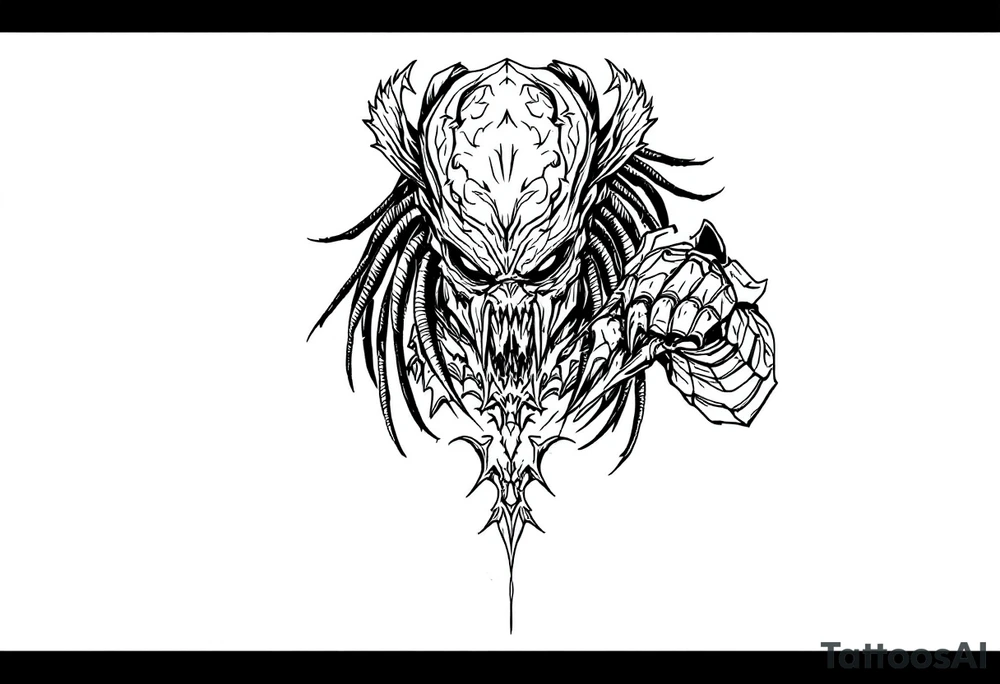 Super Predator Gladiator – A Yautja engineered for arena combat, with reinforced, plate-like exoskeleton skin, heavier war armor, and trophy blades fused into its gauntlets. Its mask resembles a demonic beast from Yautja mythology. tattoo idea