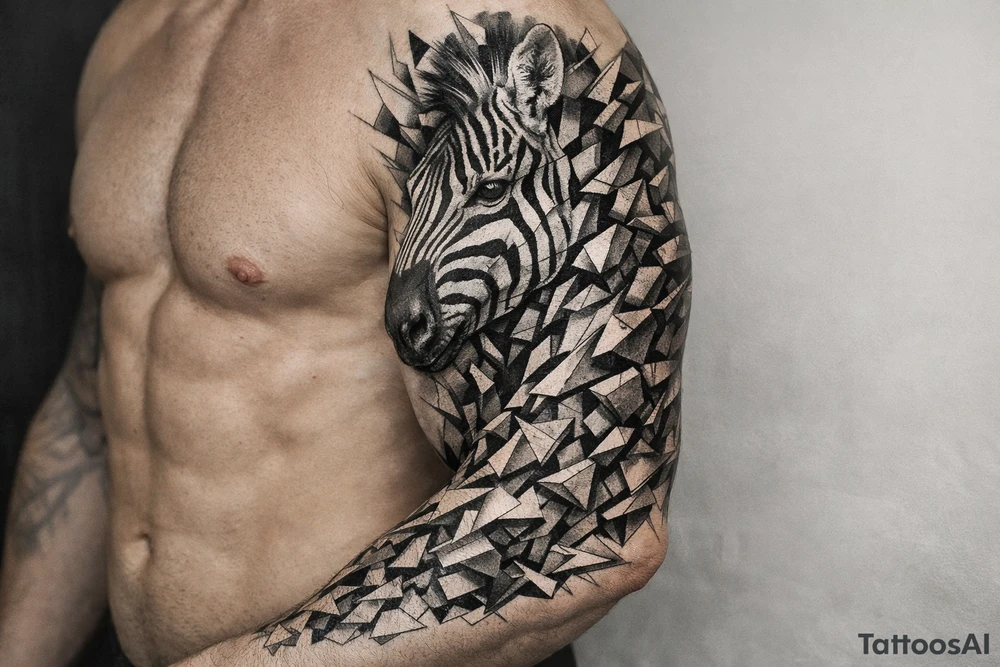 Hyperrealistic zebra head shattering into geometric shards across shoulder and chest. tattoo idea