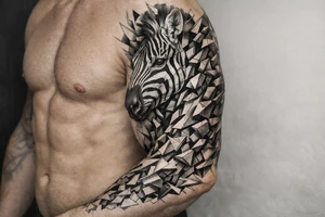 Hyperrealistic zebra head shattering into geometric shards across shoulder and chest. tattoo idea