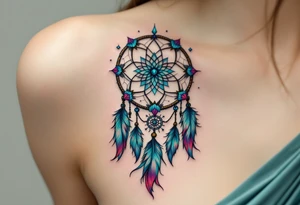 A turquoise dreamcatcher symbol with feathers and protective glyphs woven into the web tattoo idea